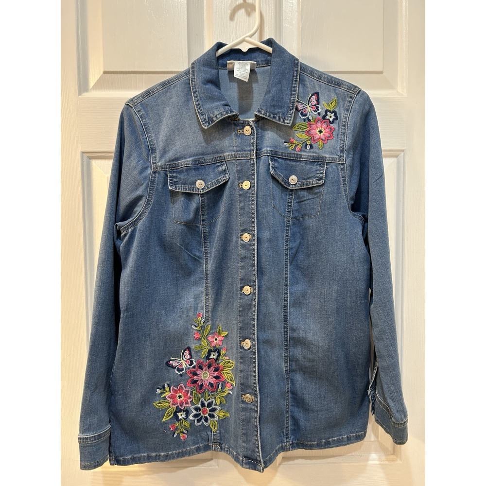 Vtg Alfred Dunner Lightweight Denim Butterfly Embroidered Shirt Jacket Size S